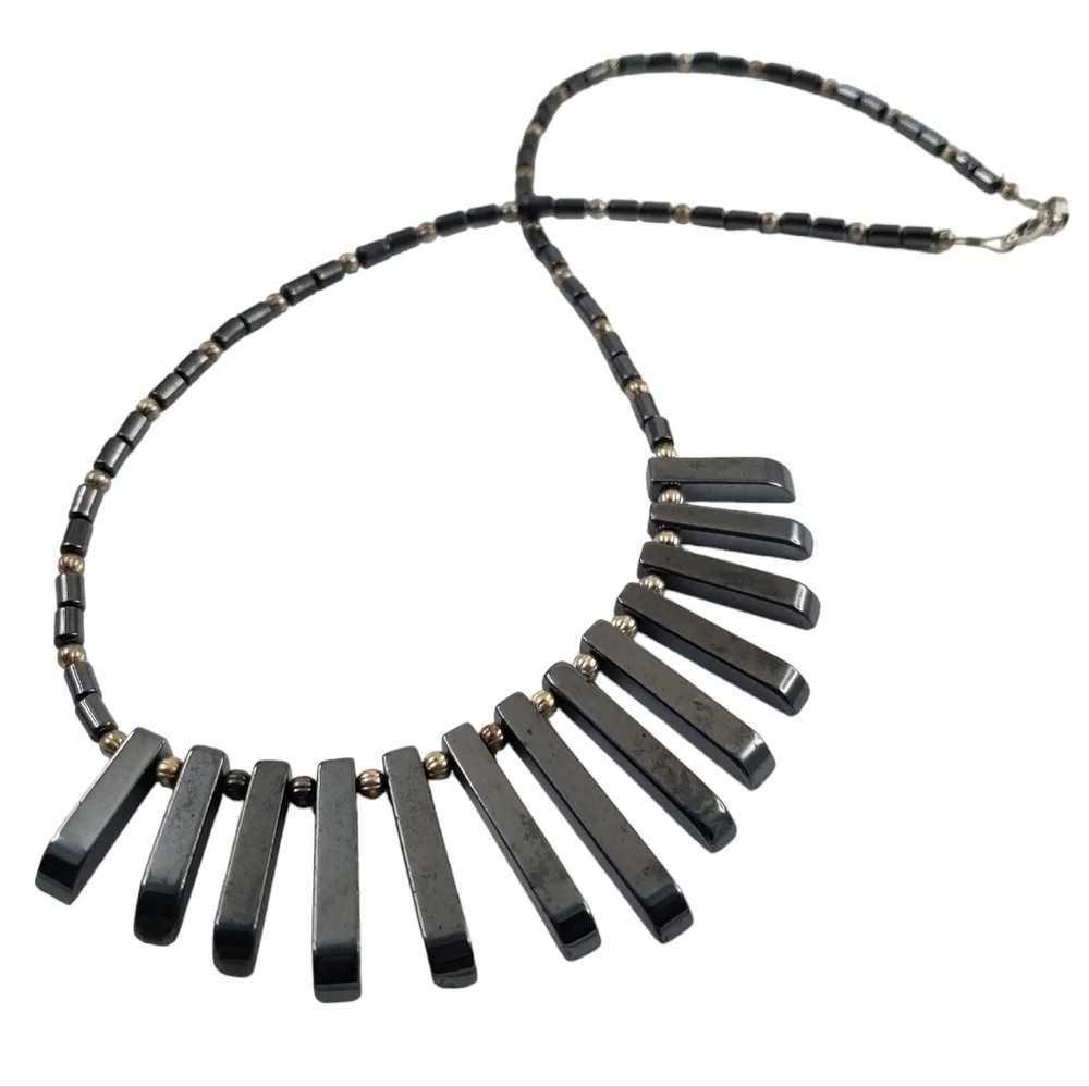 Vintage hematite statement necklace antique silver tone